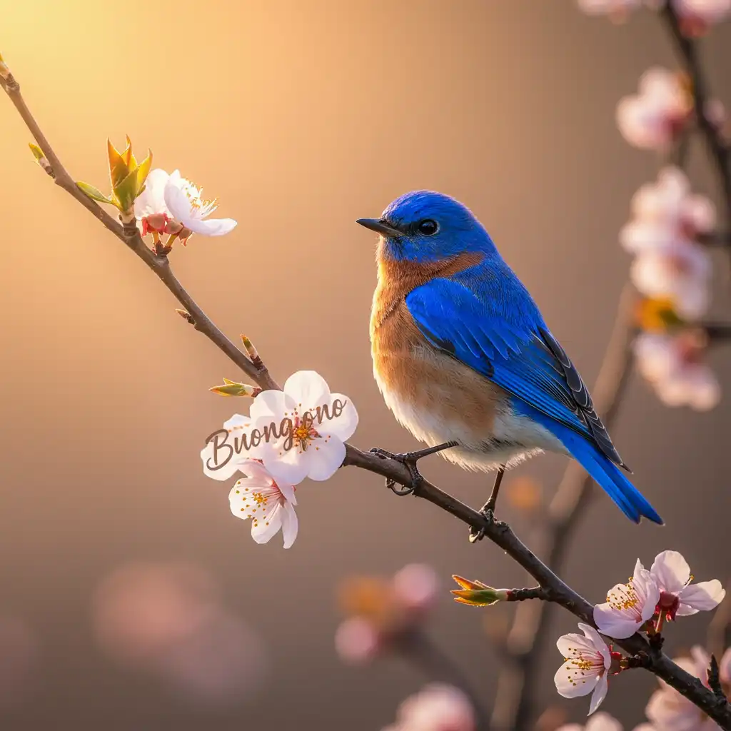 bluebird on a blooming branch at sunrise