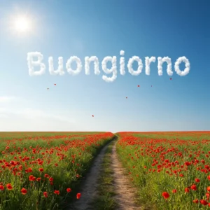 cielo azzurro e lettere “Buongiorno” fluttuanti