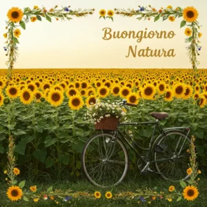 girasole, una bicicletta appoggiata e una cornice floreale buongiorno natura
