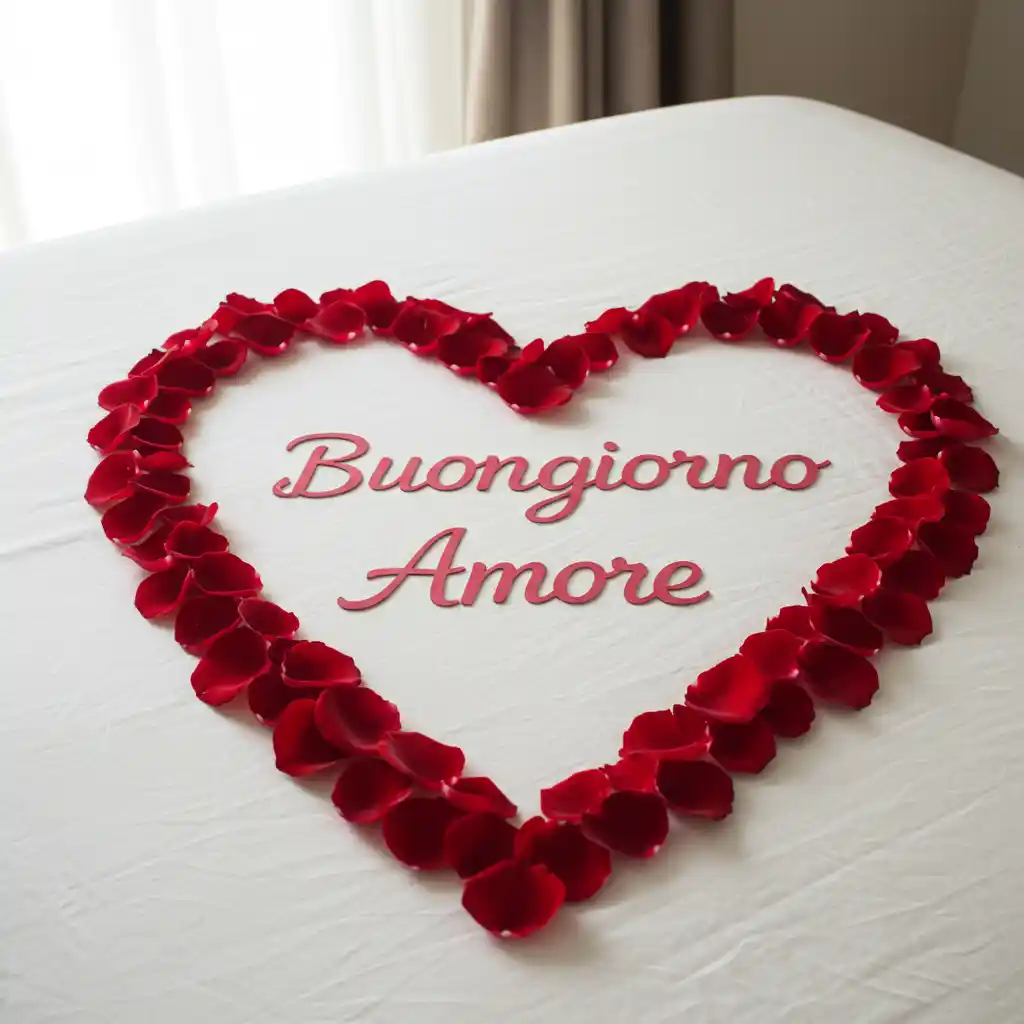 petali di rosa sul letto con Buongiorno Amore