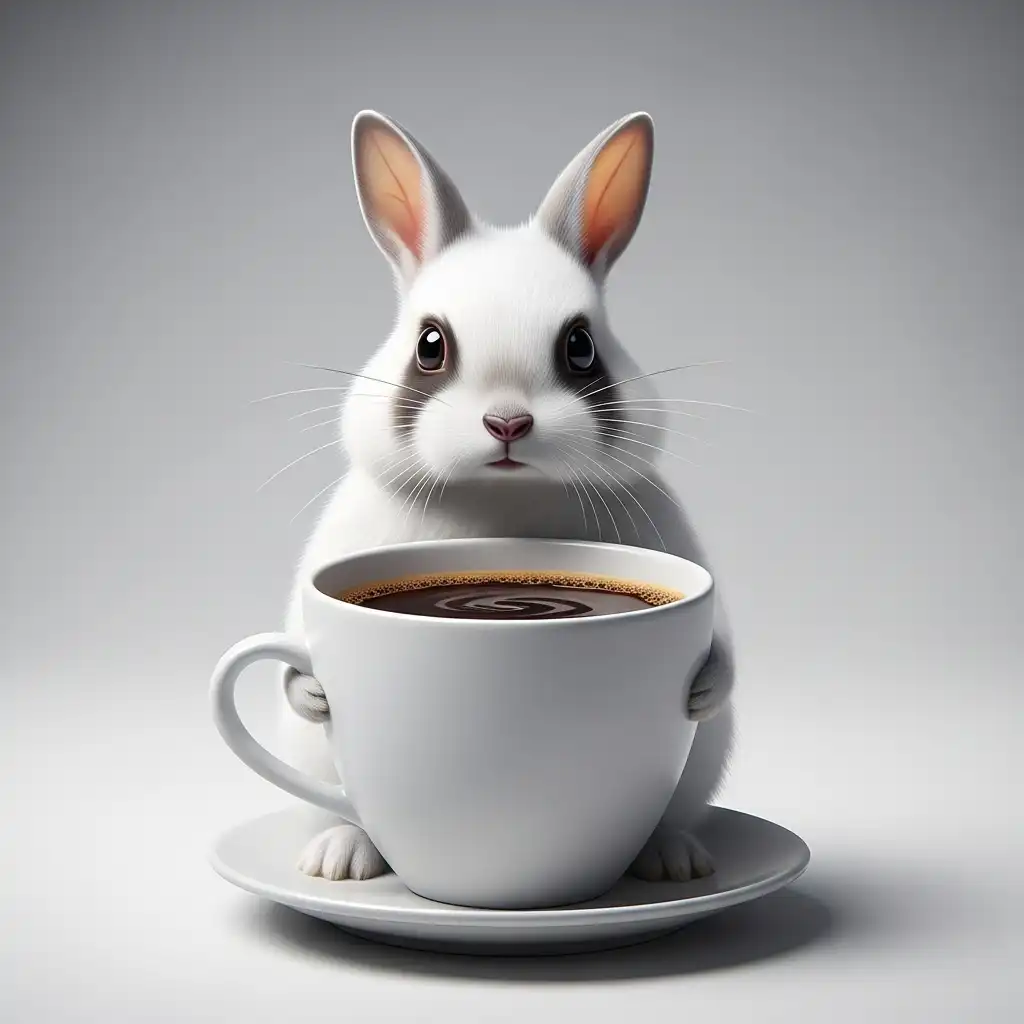 Coniglio con occhiaie e caffè gigante