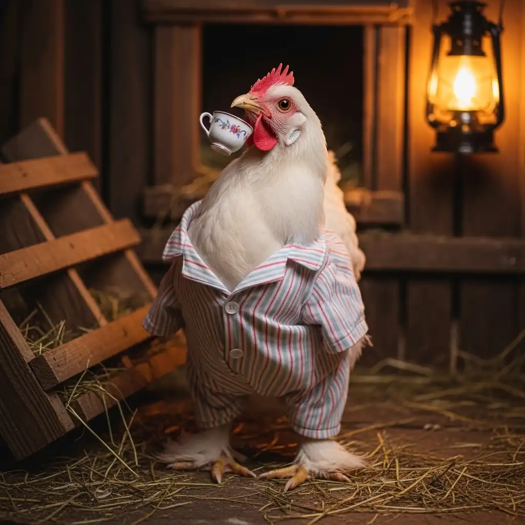 Gallina con pigiama e tazza in becco
